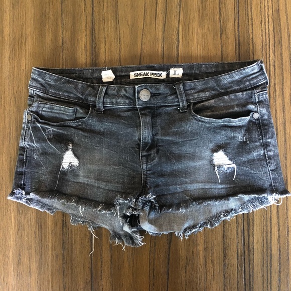 Sneak Peek Pants - Distressed washed out black denim shorts
